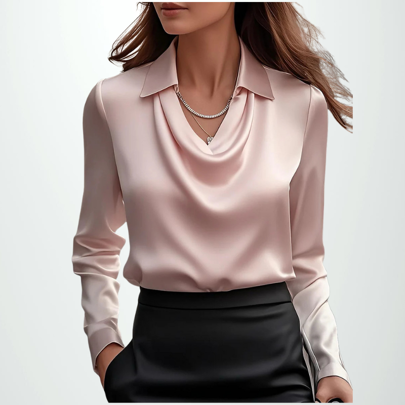 Elegant White Satin Blouse with Draped Neckline