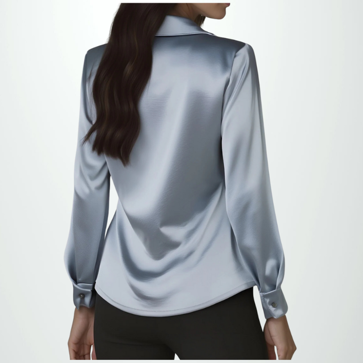 Elegant White Satin Blouse with Draped Neckline