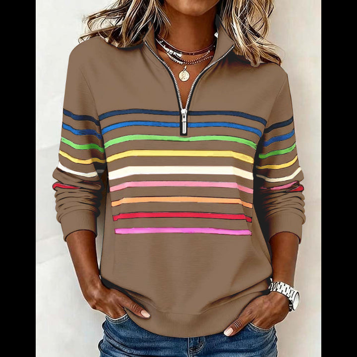 Mode Sweatshirt with Half Zipper and Rainbow Stripes