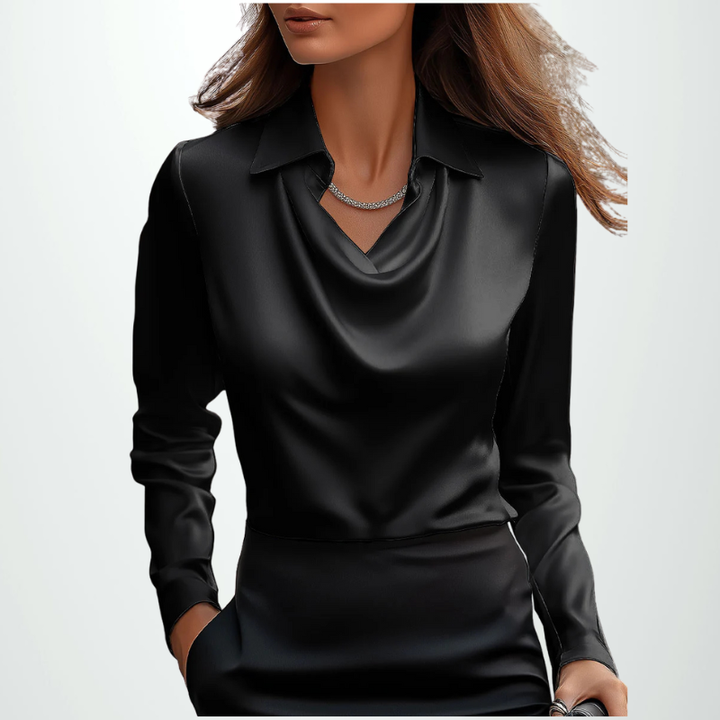 Elegant White Satin Blouse with Draped Neckline