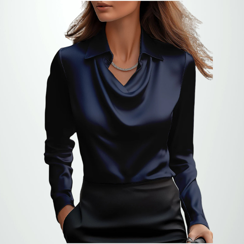 Elegant White Satin Blouse with Draped Neckline