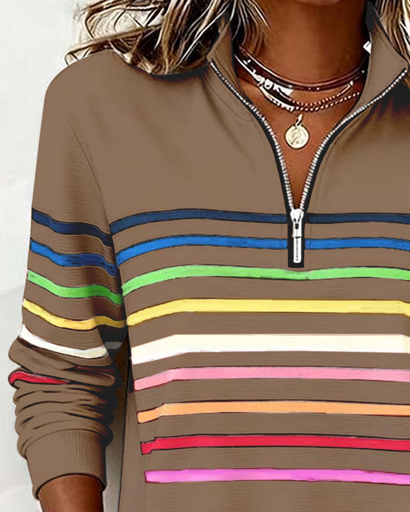 Mode Sweatshirt with Half Zipper and Rainbow Stripes