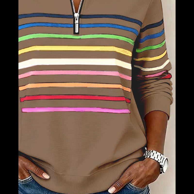 Mode Sweatshirt with Half Zipper and Rainbow Stripes