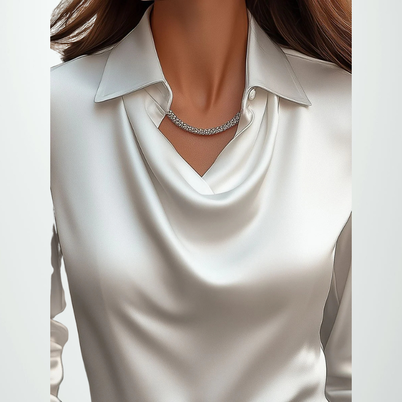 Elegant White Satin Blouse with Draped Neckline