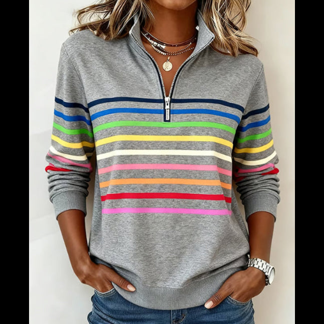 Mode Sweatshirt with Half Zipper and Rainbow Stripes