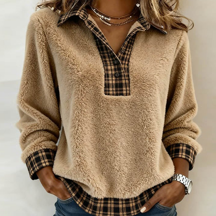 Top with Checkered Collar and Solid Patchwork